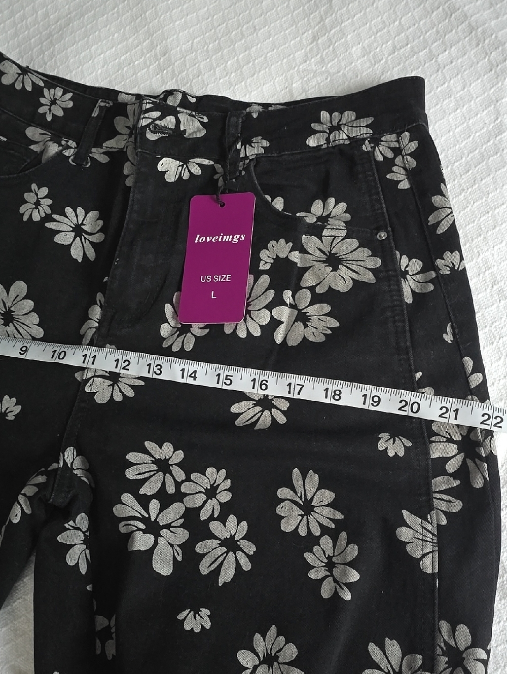 Floral Wide-Leg Denim Pants - Black with Light Blue Print - Picture 4 of 13
